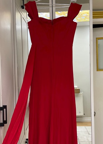 Klasik Kırmızı Drapeli Uzun Abiye Elbise - Görsel 5
