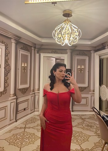 Klasik Kırmızı Drapeli Uzun Abiye Elbise - Görsel 7