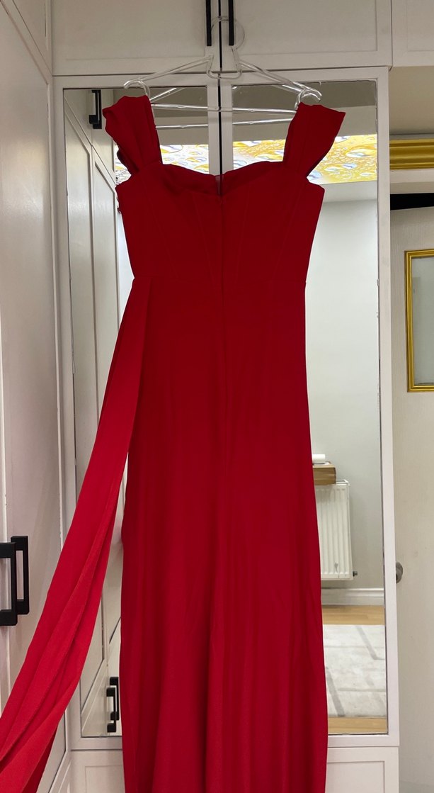 Klasik Kırmızı Drapeli Uzun Abiye Elbise - Görsel 5