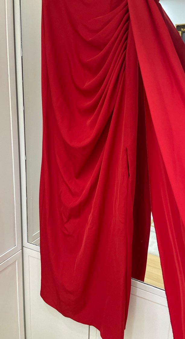 Klasik Kırmızı Drapeli Uzun Abiye Elbise - Görsel 3