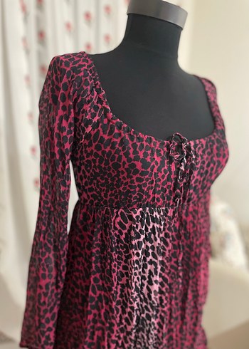 Pembe Bordo Leopar Desenli tül Uzun Kollu elbise
