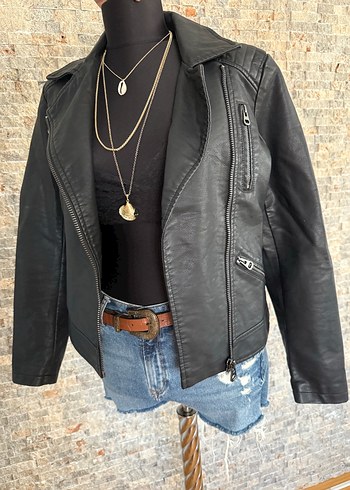 xs Beden Lcw Siyah Deri Biker Ceket, İnce Kesim