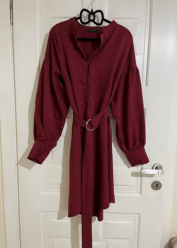 Bordo Kemerli Midi Keten Elbise