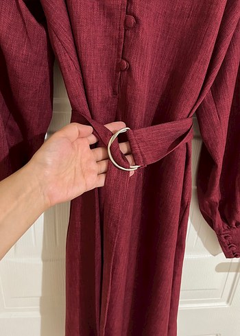 Bordo Kemerli Midi Keten Elbise - Görsel 4