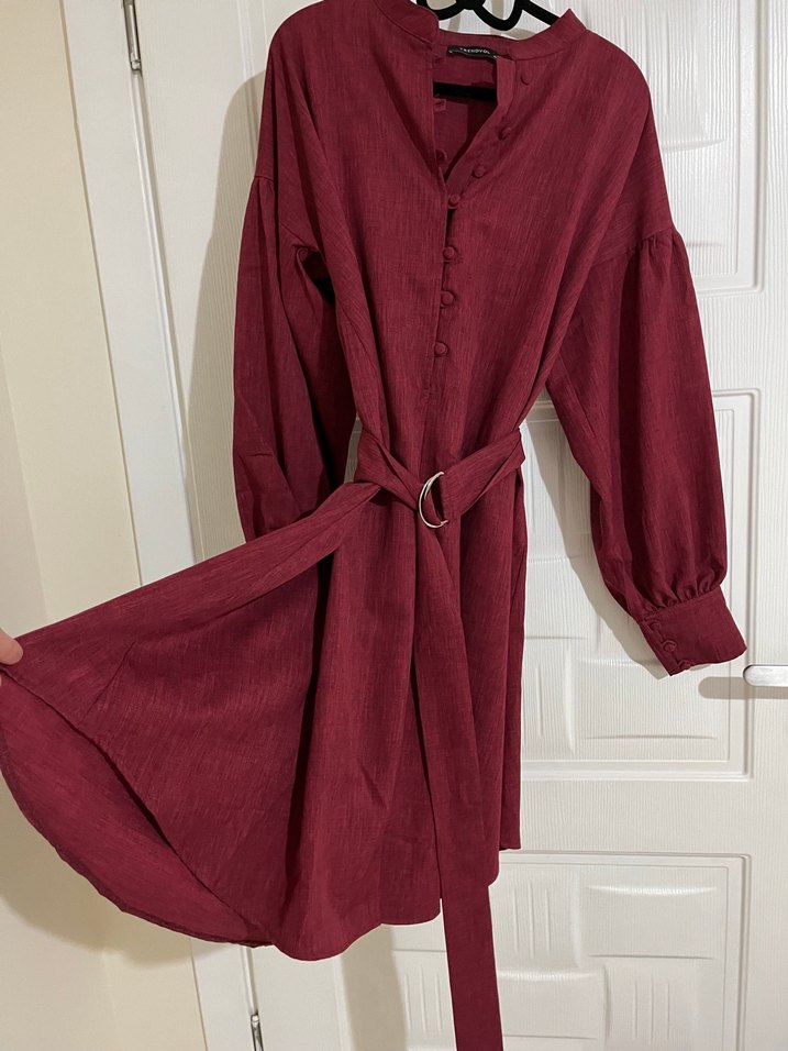 Bordo Kemerli Midi Keten Elbise - Görsel 5