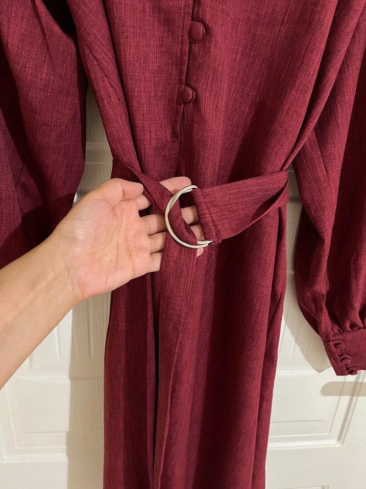 Bordo Kemerli Midi Keten Elbise - Görsel 4