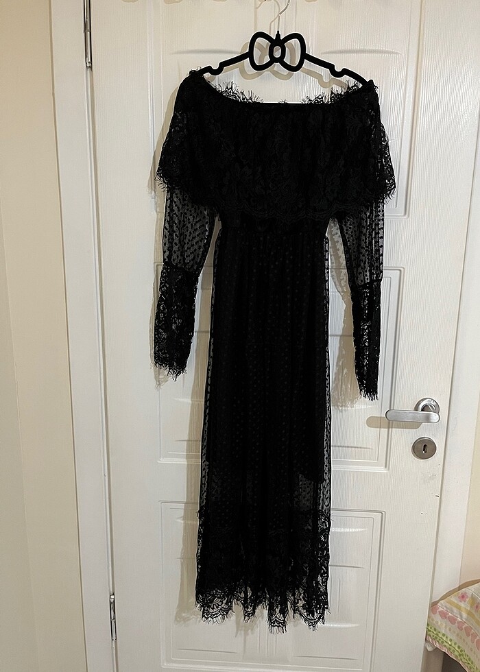 Siyah dantel tül Midi elbise - Görsel 2