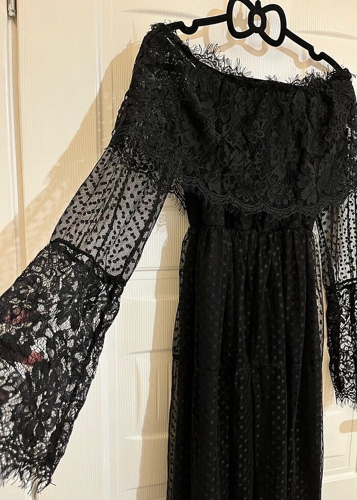 Siyah dantel tül Midi elbise - Görsel 3