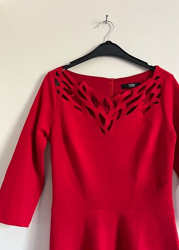 Kırmızı V Yaka Dantel Detaylı Kadın Elbise - Görsel 4