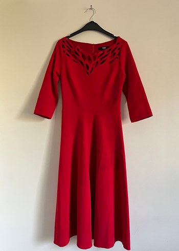 Kırmızı V Yaka Dantel Detaylı Kadın Elbise - Görsel 3