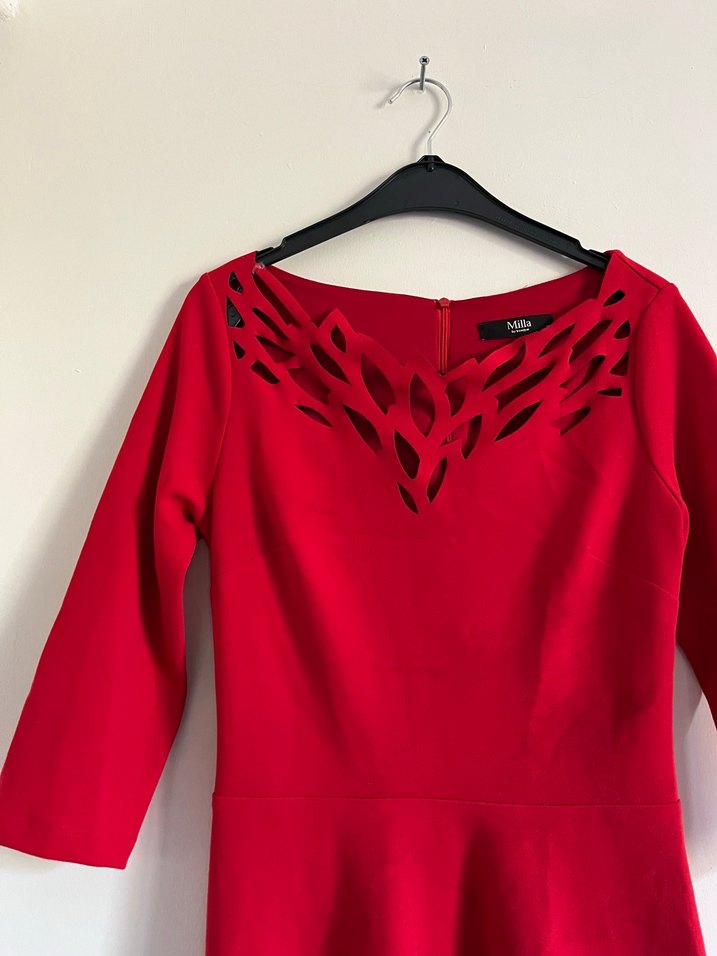 Kırmızı V Yaka Dantel Detaylı Kadın Elbise - Görsel 4