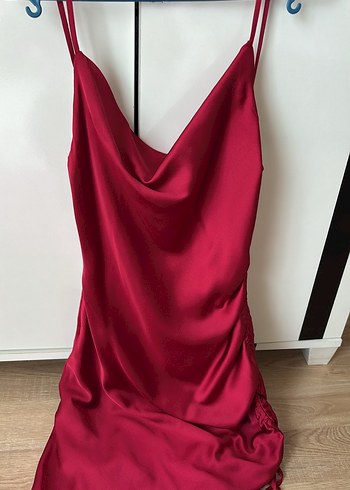 s Beden bordo Renk Bordo Drapeli Midi Kadın Abiye Elbise