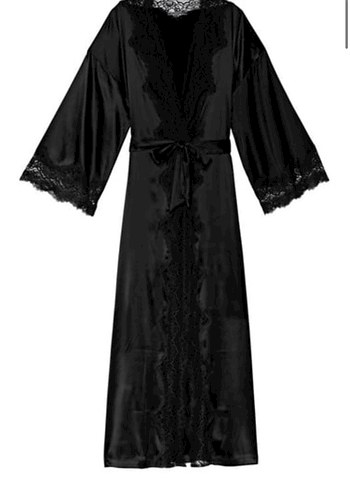 Victorias Secret Uzun Siyah Dantel Detaylı Saten Kadın Sabahlık - Görsel 2
