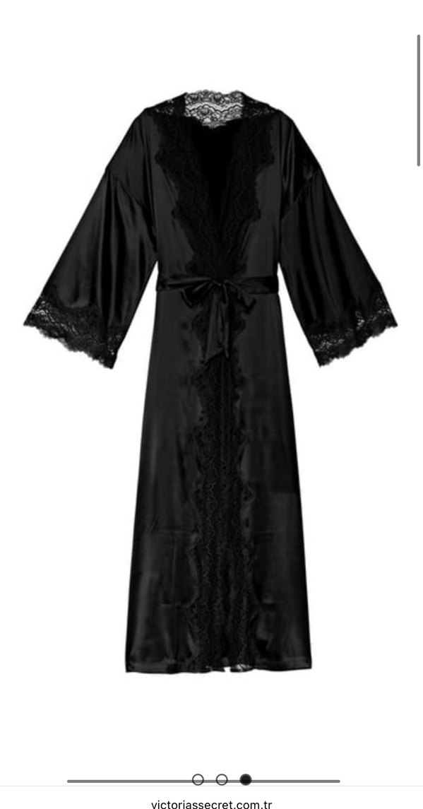 Victorias Secret Uzun Siyah Dantel Detaylı Saten Kadın Sabahlık - Görsel 2