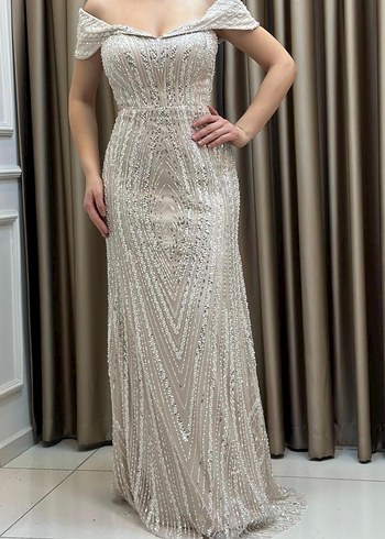 Boncuk İşlemeli Straplez Uzun Abiye Elbise - Görsel 2