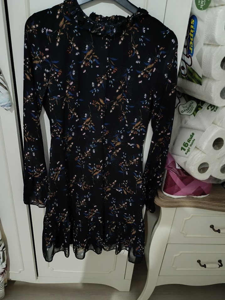 Uzun Kollu Mini Çiçekli Elbise - Görsel 2