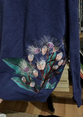 Nakışlı Mavi Kadın Bohem Örgü Kazak - Görsel 2