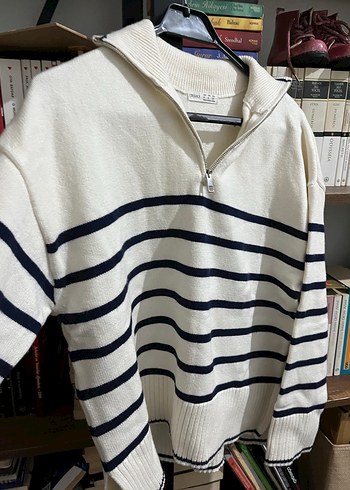 Oysho Yarım Fermuarlı Çizgili Beyaz Kadın Triko - Görsel 2