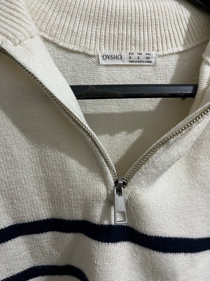 Oysho Yarım Fermuarlı Çizgili Beyaz Kadın Triko - Görsel 3