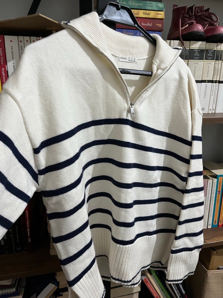 Oysho Yarım Fermuarlı Çizgili Beyaz Kadın Triko - Görsel 2