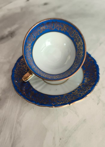 Koyu Mavi Altın Desenli Porselen Fincan ve Tabağı