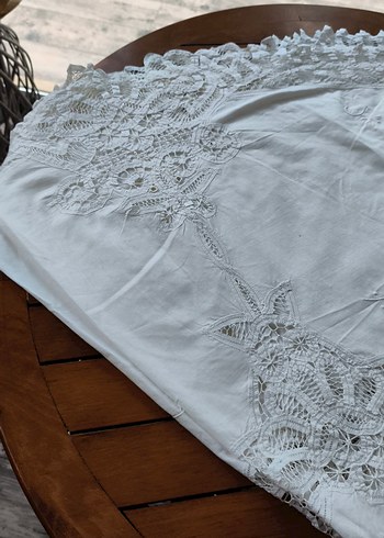 Bohem İşlemeli Beyaz Yuvarlak Masa Örtüsü 6adet peçete - Görsel 11
