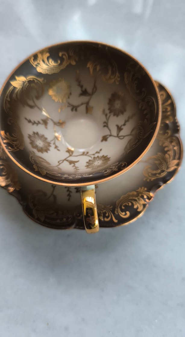 Altın Renkli  Desenli Fincan ve Tabağı - Görsel 2