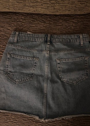 Çizgili Yan Detaylı Kot Mini Etek - Görsel 3