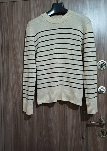 M L beden Bej Çizgili Kadın Triko Kazak - Görsel 6