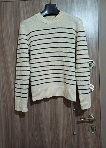 M L beden Bej Çizgili Kadın Triko Kazak - Görsel 4