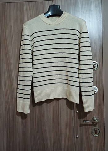 M L beden Bej Çizgili Kadın Triko Kazak - Görsel 3