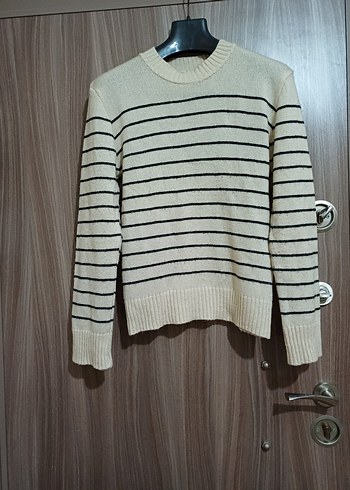 M L beden Bej Çizgili Kadın Triko Kazak - Görsel 2