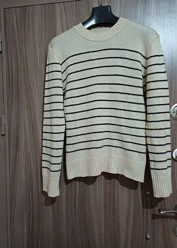 M L beden Bej Çizgili Kadın Triko Kazak - Görsel 5