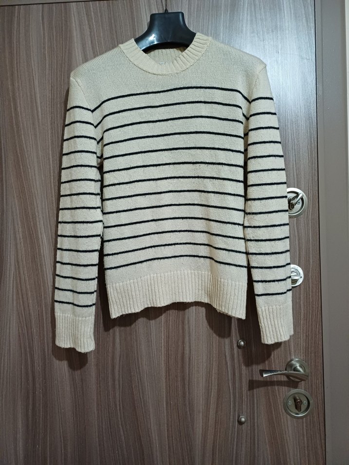 M L beden Bej Çizgili Kadın Triko Kazak - Görsel 4