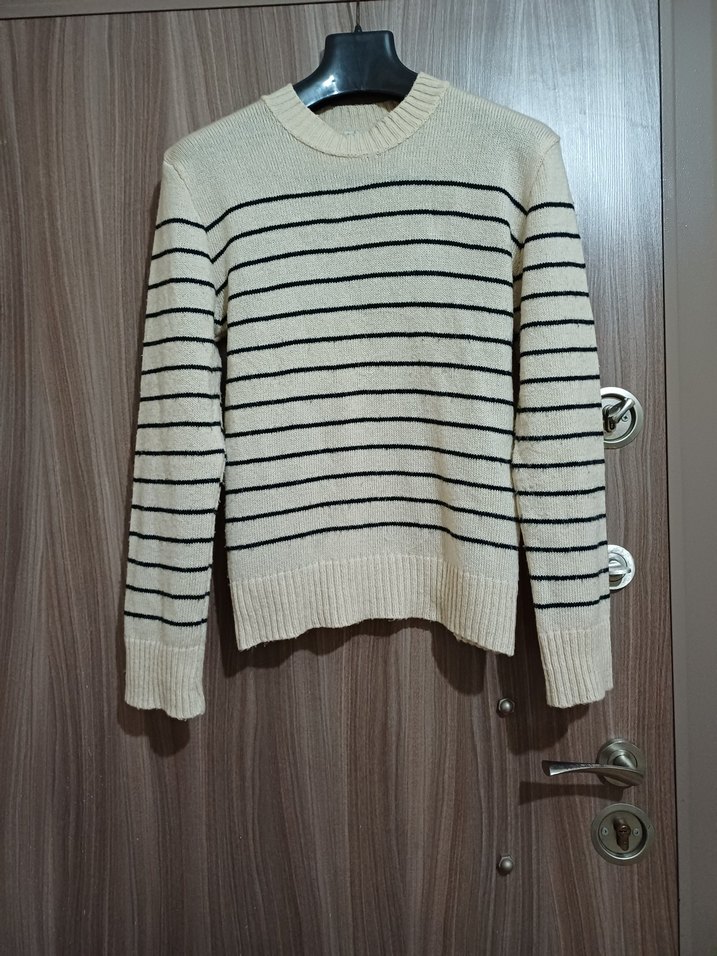 M L beden Bej Çizgili Kadın Triko Kazak - Görsel 3