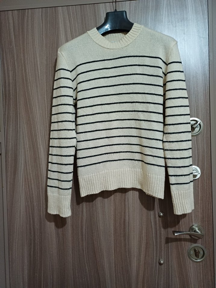 M L beden Bej Çizgili Kadın Triko Kazak - Görsel 2