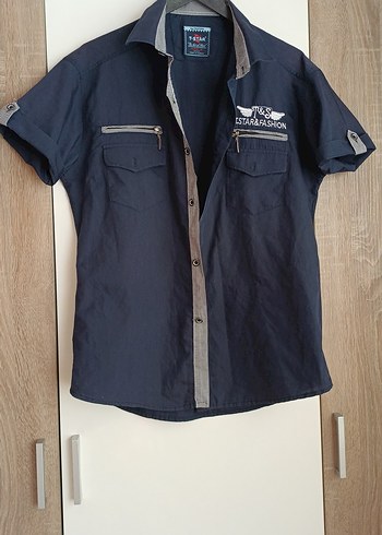 XL Düğmeli Kısa Kollu Mavi Denim Erkek Gömlek - Görsel 4