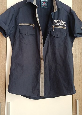 XL Düğmeli Kısa Kollu Mavi Denim Erkek Gömlek - Görsel 5