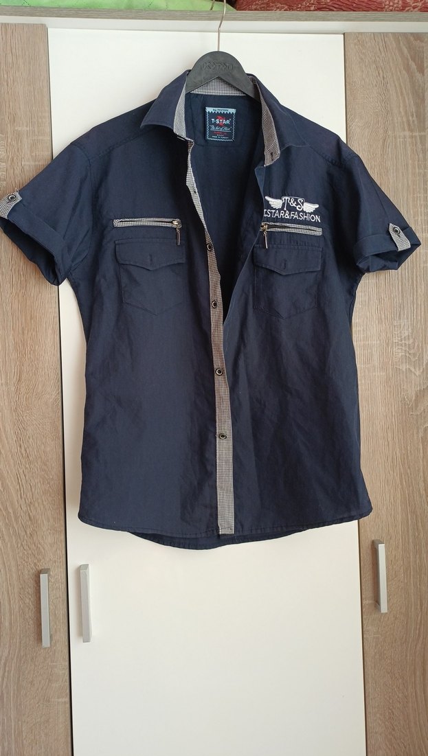 XL Düğmeli Kısa Kollu Mavi Denim Erkek Gömlek - Görsel 4