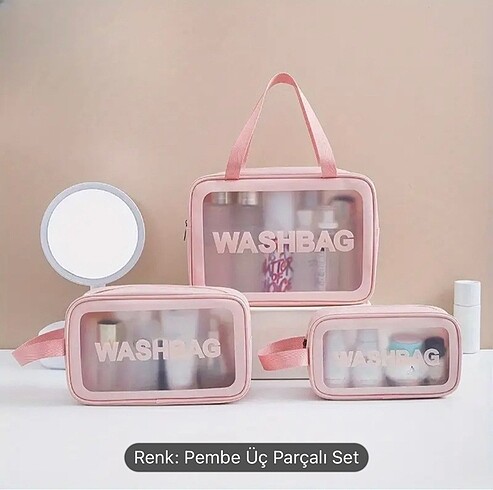 Washbag 3lü makyaj çantası seti pembe