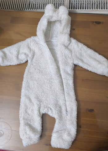 Beyaz Peluş Bebek Tulumu Kulaklı Kapüşon - Görsel 2