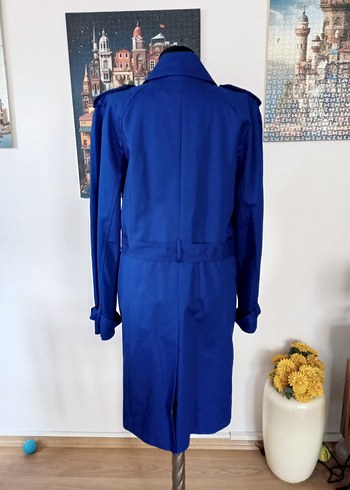 Saks mavisi Uzun Kemerli Trençkot - Görsel 3