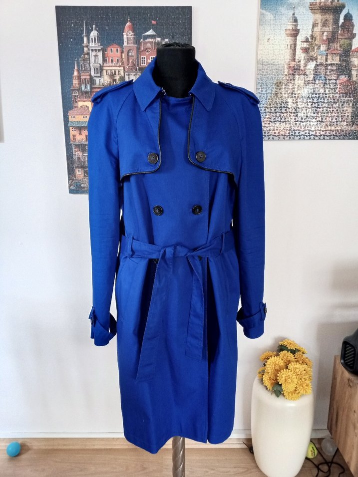 Saks mavisi Uzun Kemerli Trençkot - Görsel 2