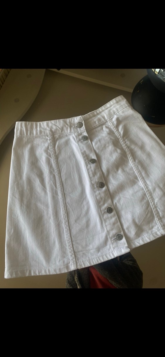 Düğmeli Beyaz Keten Midi Etek - Görsel 2