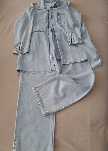 Diğer Kadın Gri Uzun Denim Gömlek Pantolon Takım