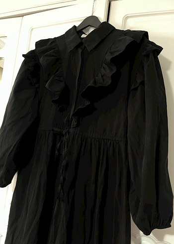 Uzun Kollu Siyah Fırfırlı Uzun Elbise HOOOPSTORE markasına ait - Görsel 5