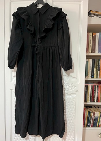 Uzun Kollu Siyah Fırfırlı Uzun Elbise HOOOPSTORE markasına ait - Görsel 3