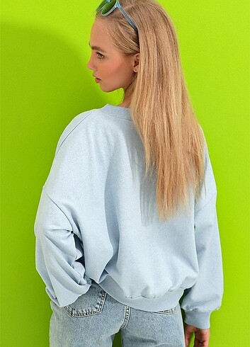 Diğer Trend Alaçatı stili Kadın Mavi Önü Bağcıklı Oversıze Sweatshirt