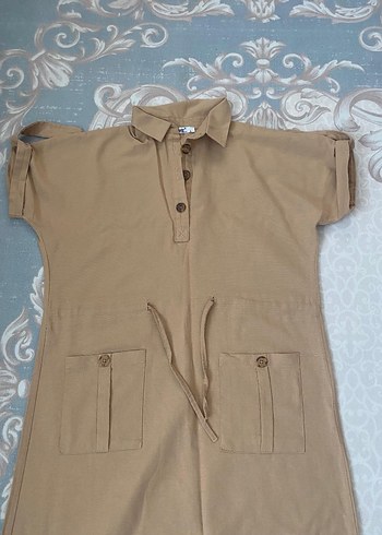 l Beden Bej Keten kısa Kollu Casual Elbise