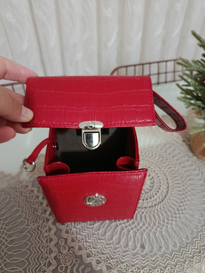 Kırmızı Vintage Yılan Derisi Desenli Deri Çanta - Görsel 3